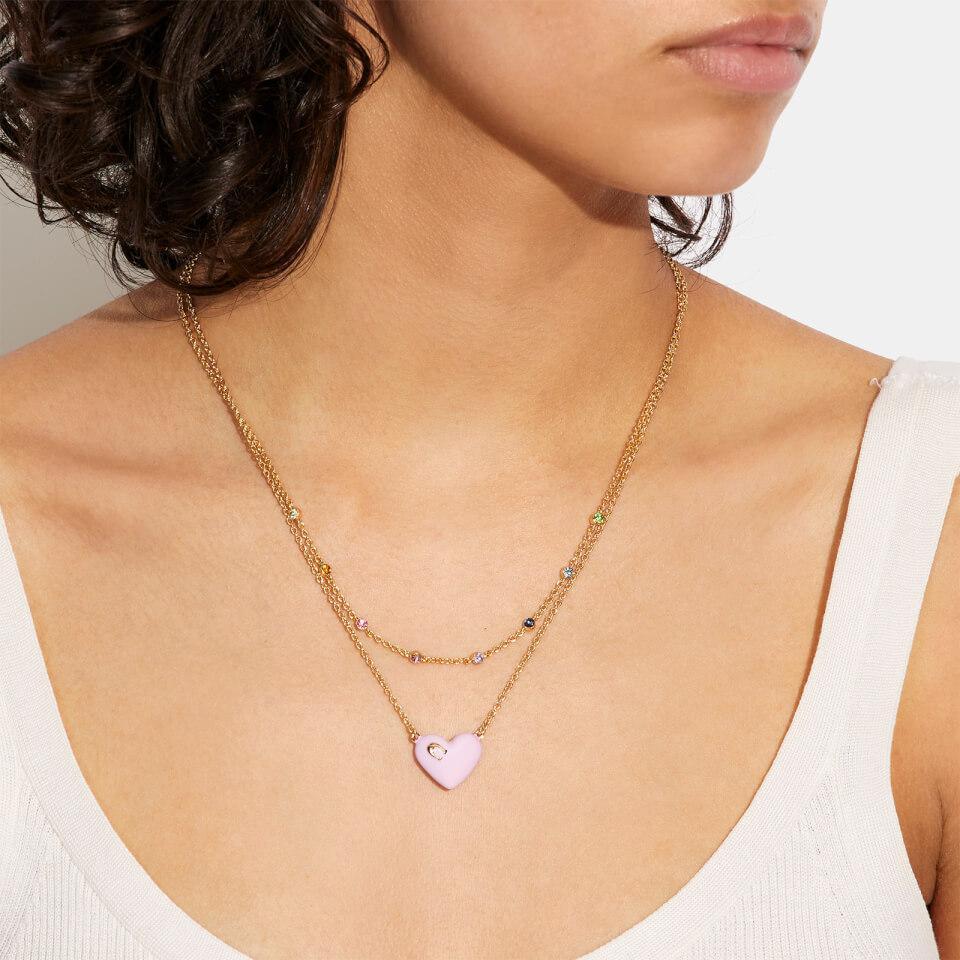 商品Coach|Coach Women's Enamel C Heart Double Chain Necklace - Gold/Pink Multi,价格¥510,第4张图片详细描述