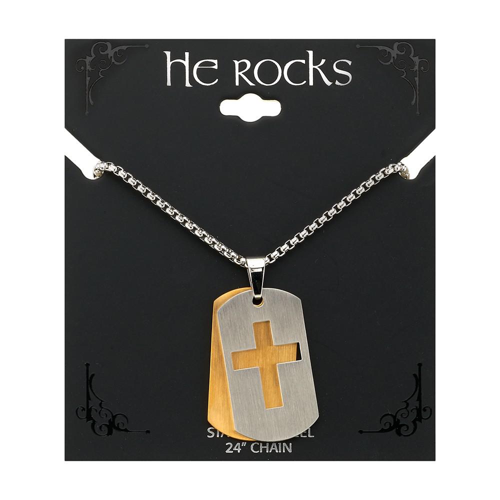 Double Tag Cross Pendant Necklace in Stainless Steel, 24" Chain商品第2张图片规格展示