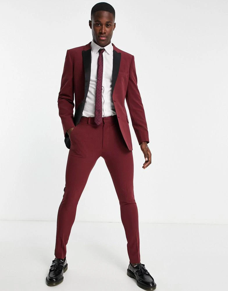 商品ASOS|ASOS DESIGN super skinny tuxedo jacket in burgundy with black lapel,价格¥413,第4张图片详细描述