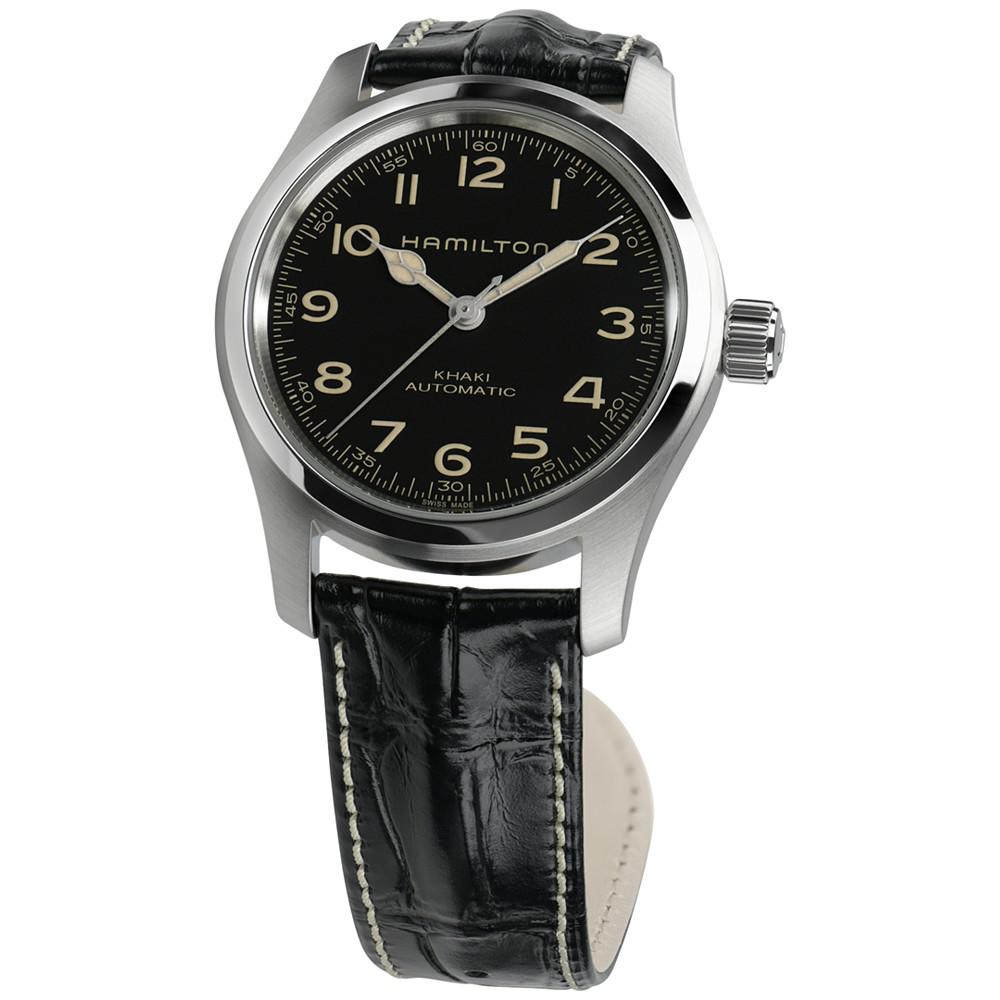 Men’s Swiss Automatic Khaki Field Black Leather Strap Watch 42mm商品第3张图片规格展示