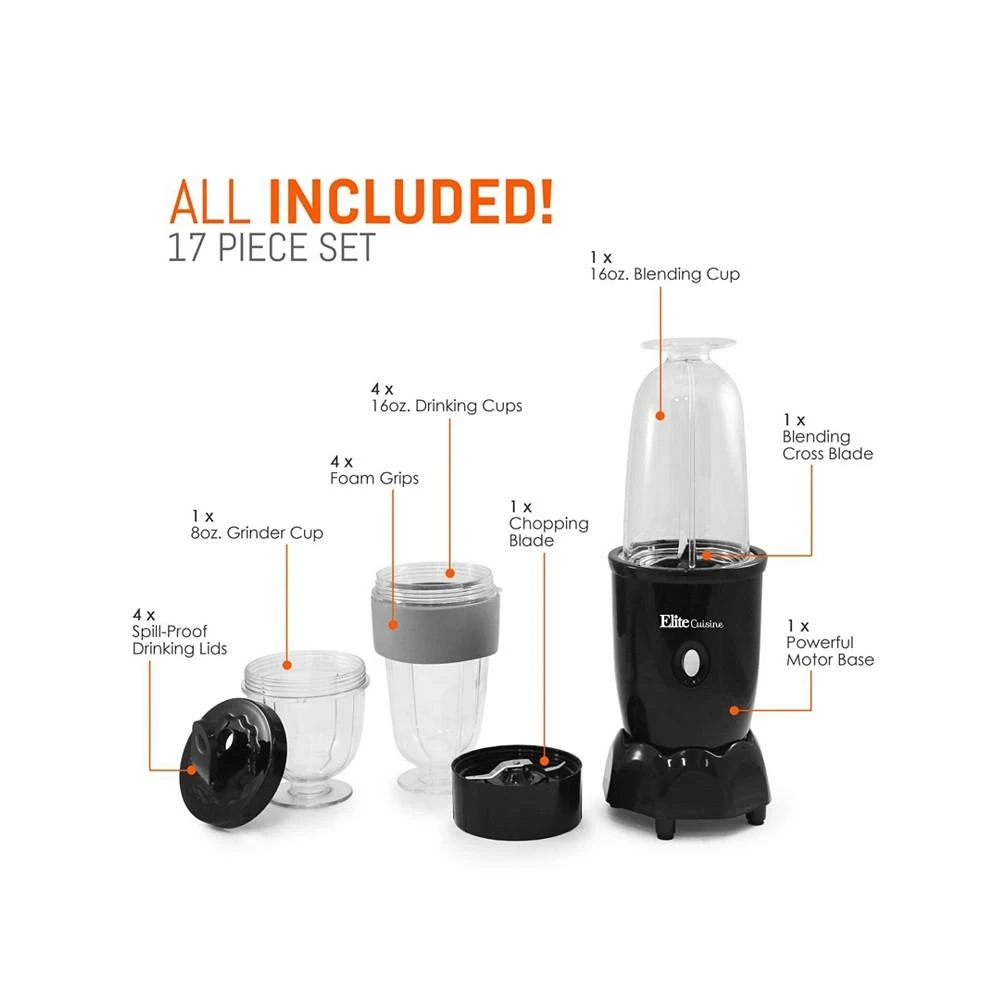 商品Elite Gourmet|Elite Cuisine 17 Piece Personal Drink Blender with 4 x 16 Ounce Travel Cups,价格¥309,第3张图片详细描述