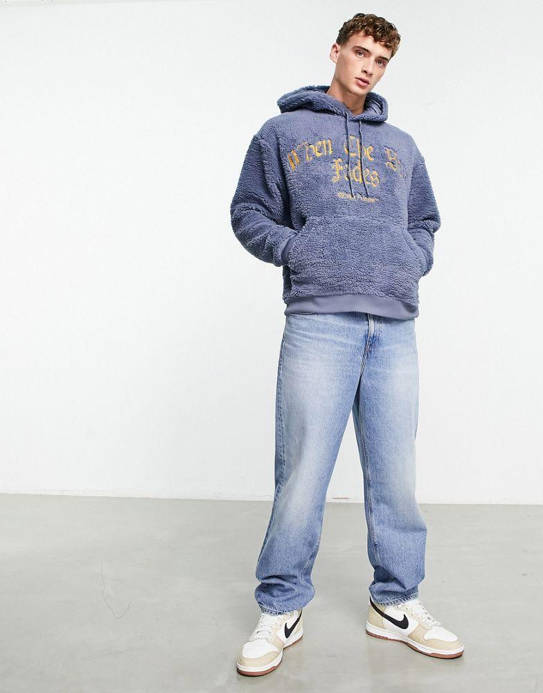 ASOS Dark Future oversized hoodie in teddy borg with gothic slogan embroidery in slate blue商品第4张图片规格展示