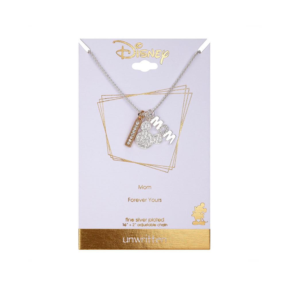 Silver Plated Mickey Mouse "Mom" and Clear Crystal Bar Charm Necklace, 16"+2" Extender商品第2张图片规格展示