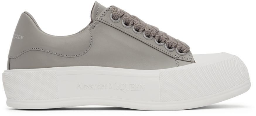 商品Alexander McQueen|Grey Leather Deck Lace-Up Plimsoll Sneakers,价格¥2274,第1张图片