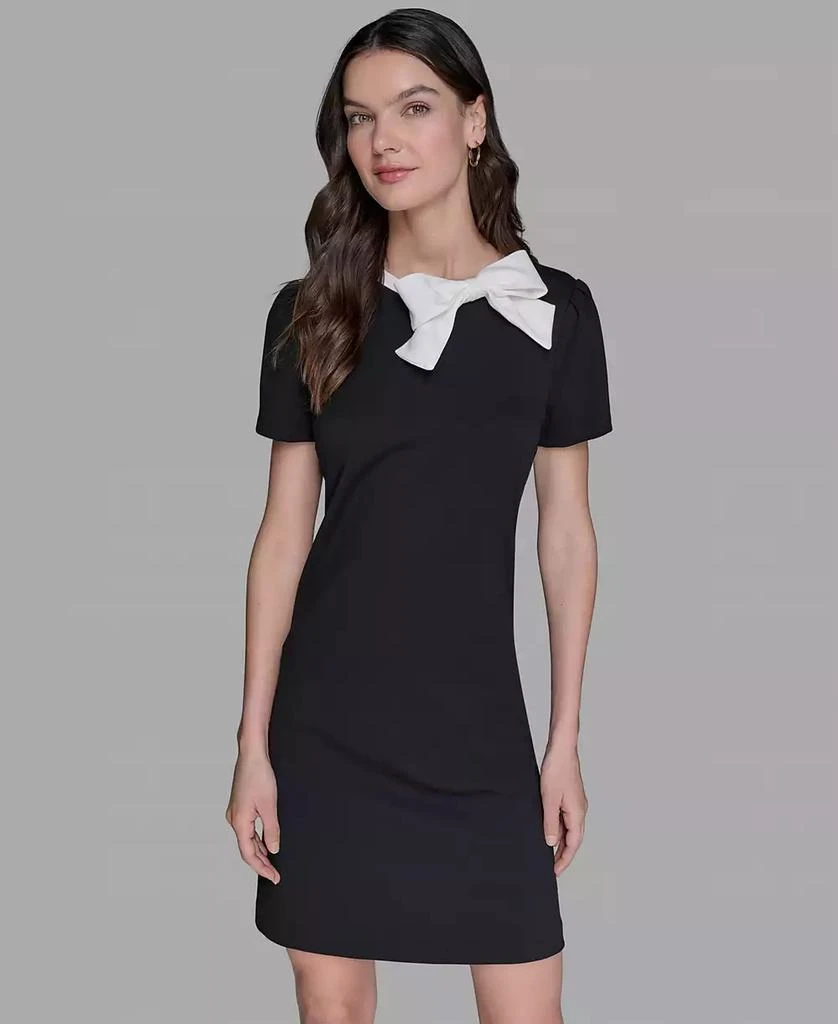 商品Karl Lagerfeld Paris|Women's Scuba Crepe Short Sleeve Bow Detail A-line Dress,价格¥1023,第2张图片详细描述