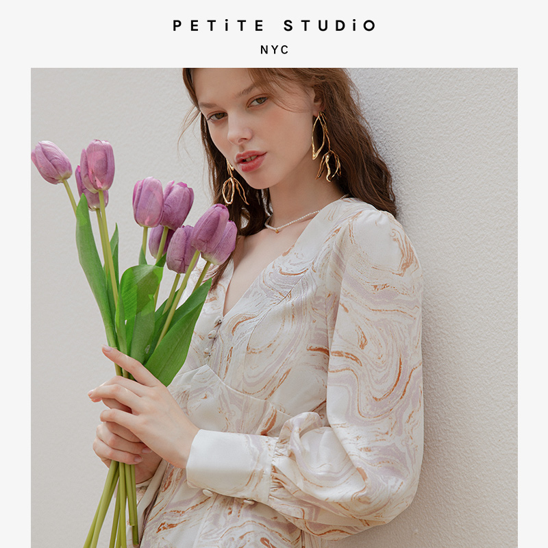 Blythe大理石丝质浪漫氛围感V领连衣裙 | Blythe Dress - Marble商品第3张图片规格展示