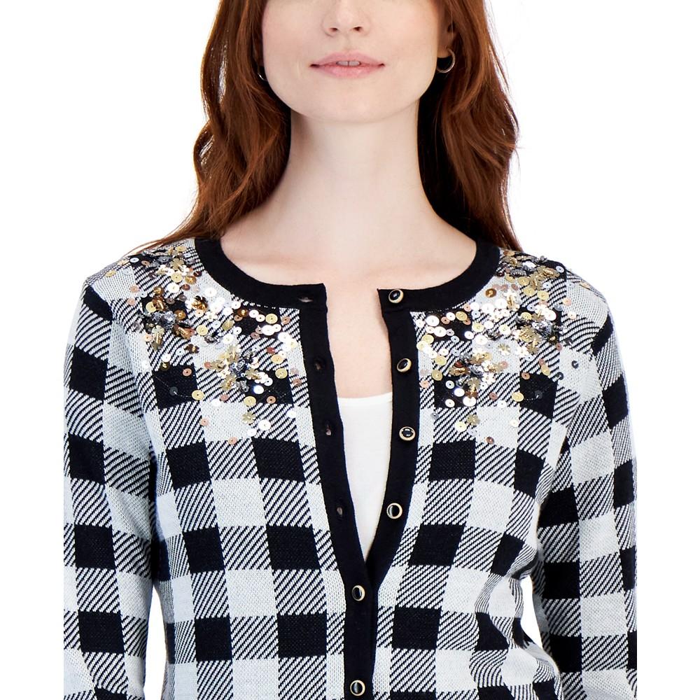 Petite Embellished Plaid Cardigan, Created for Macy's商品第2张图片规格展示