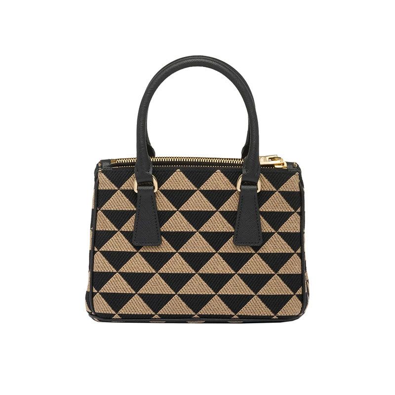 PRADA/普拉达 22新款 Galleria系列 女士黑色/米色拼色刺绣面料配皮手柄拆卸钥匙圈拉链开合金色徽标单肩手提斜挎包1BA906_2FKL_F0Y30_V_XOM 商品