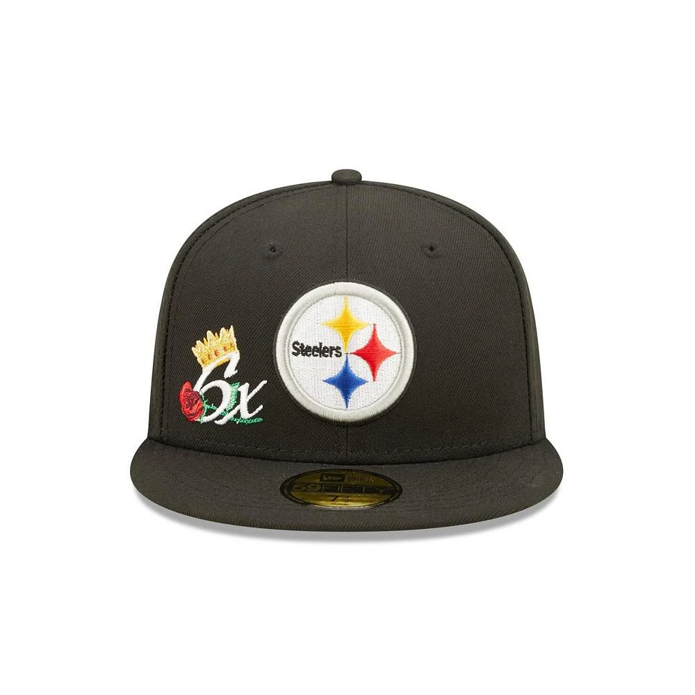 商品New Era|Men's Black Pittsburgh Steelers Crown 6x Super Bowl Champions 59FIFTY Fitted Hat,价格¥374,第2张图片详细描述