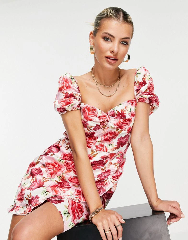 商品I Saw It First|I Saw It First puff sleeve square neck tea dress in pink floral print,价格¥168,第1张图片