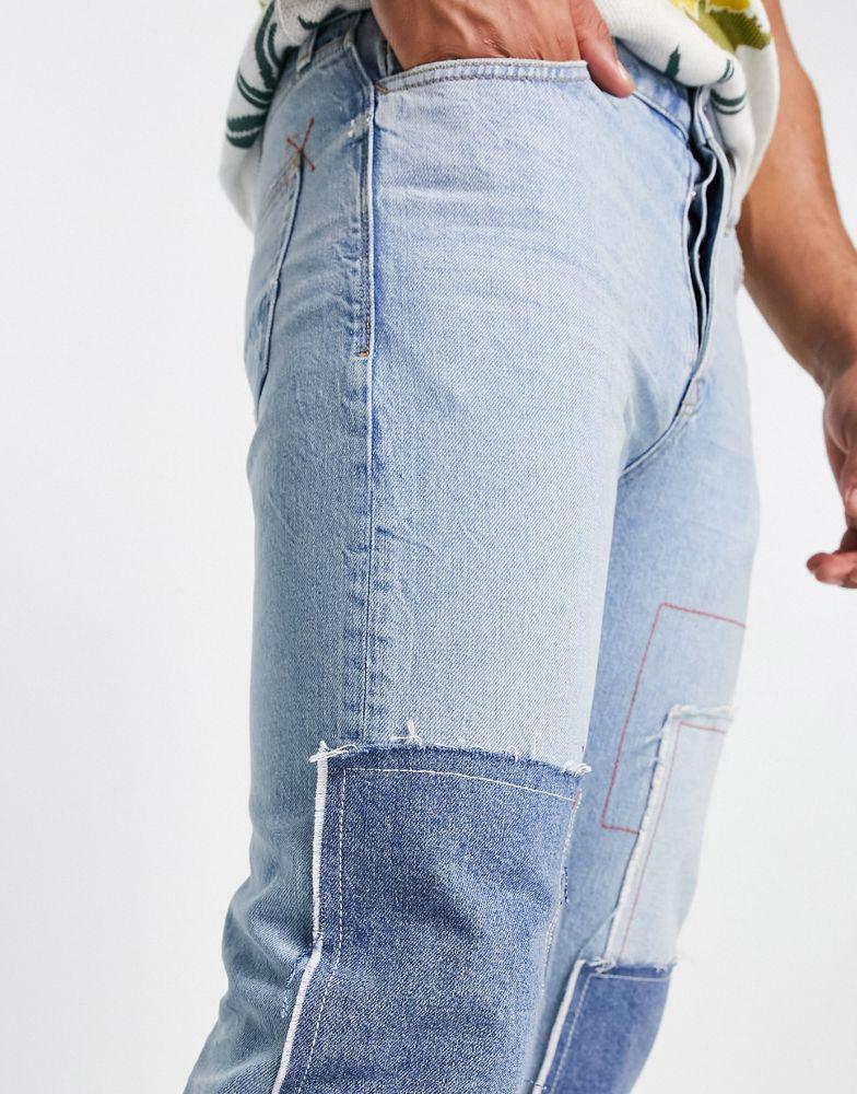 Topman straight patchwork jeans in mid wash  blue商品第2张图片规格展示