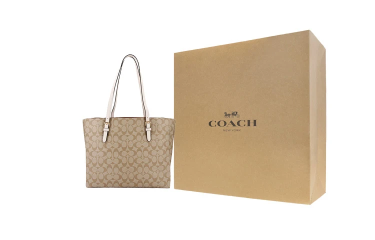 商品[国内直发] Coach|蔻驰 Mollie 34 经典标志老花字母满印 标志性涂层帆��布和光滑皮革 托特包Tote包购物袋手提单肩包 大号 女款 白色配卡其老花,价格¥1964,第6张图片详细描述