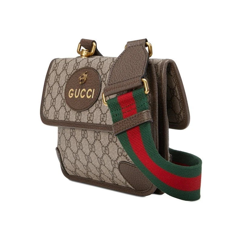 商品Gucci|【预售3-7天】古驰 GG Supreme男士小号米色帆布虎头扣翻盖条纹织带邮差包 501050 9C2VT 8745,价格¥10943,第4张图片详细描述