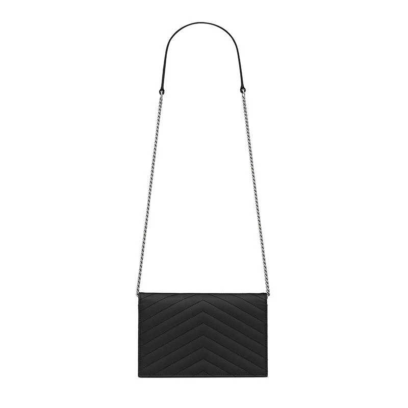 商品Yves Saint Laurent|【预售3-7天】圣罗兰 YSL 女士黑色小牛皮粒面压纹翻盖银色徽标绗缝信封链式钱包695108BOW021000,价格¥8139,第5张图片详细描述