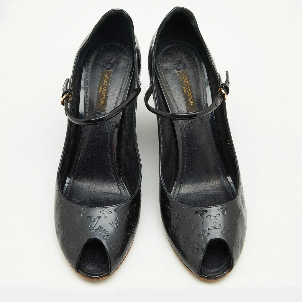 商品[二手商品] Louis Vuitton|Louis Vuitton Navy Blue Monogram Patent Leather Peep Toe Ankle Strap Wedge Pumps Size 38.5,价格¥2669,第3张图片详细描述