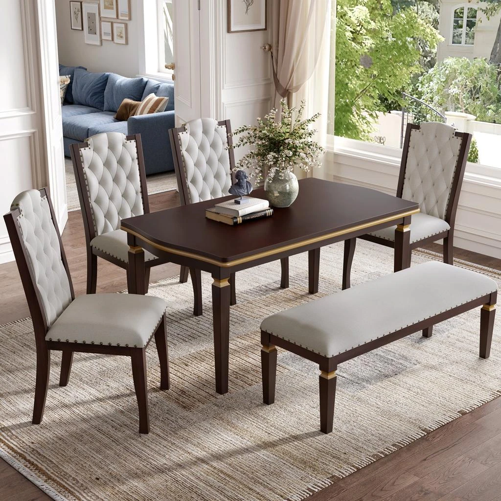 商品Streamdale Furniture|Streamdale 6-Piece Dining Table Set: 60" Table, 4 Tufted Chairs & Bench (Black),价格¥7134,第2张图片详细描述