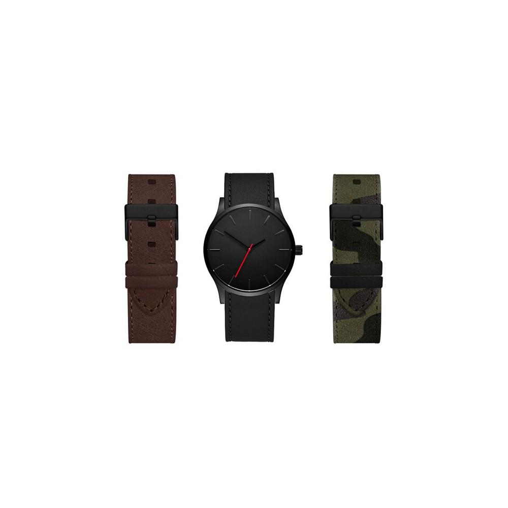 Men's Quartz Dial Black Leather Strap Watch, 42mm with Interchangeable Straps, Set of 3商品第1张图片规格展示