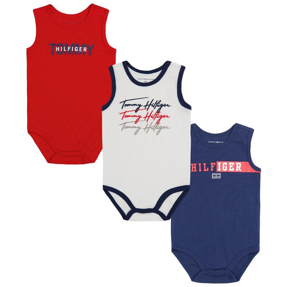 商品Tommy Hilfiger|Baby Boys Sleeveless Signature Bodysuit, Pack of 3,价格¥86,第1张图片
