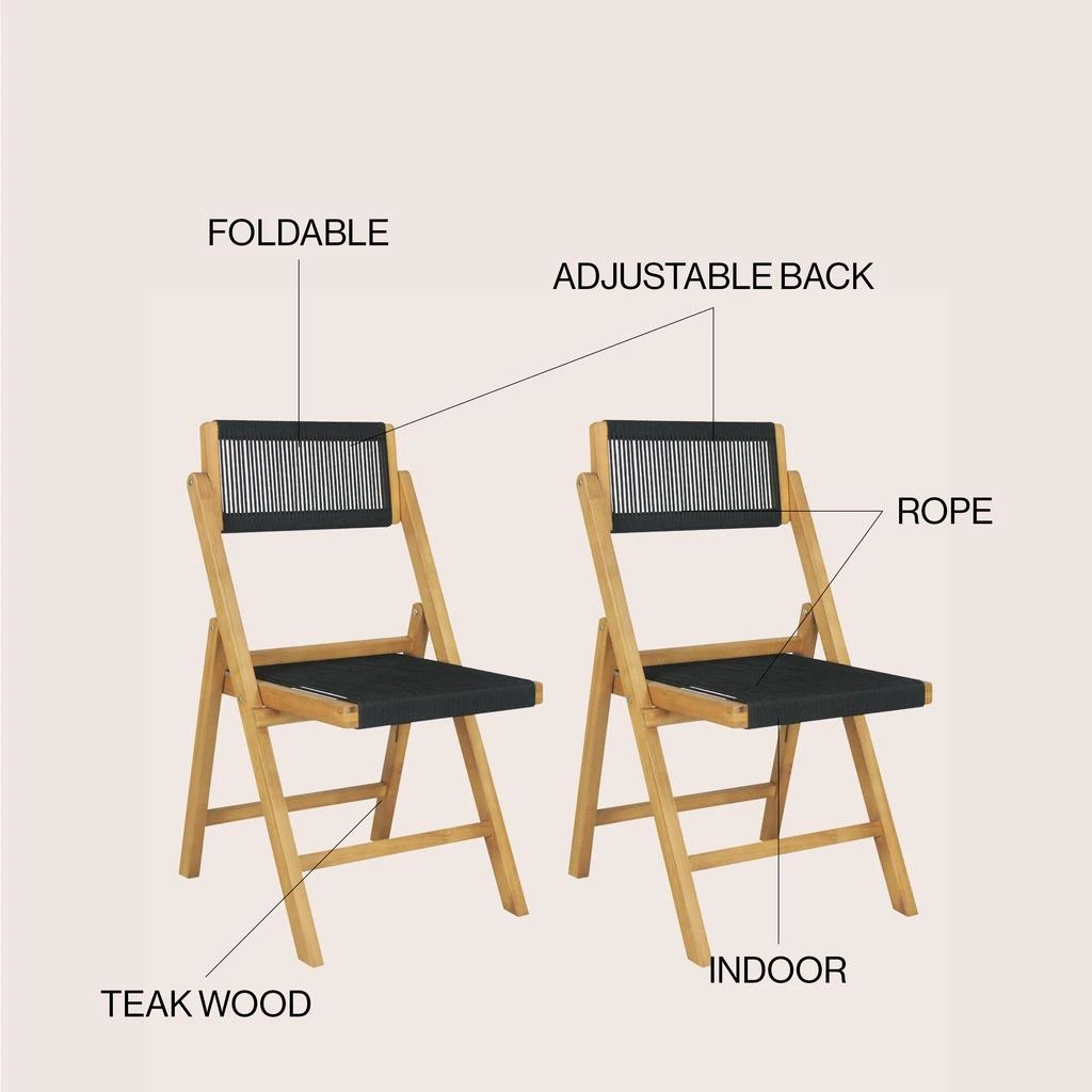 商品JONATHAN Y|Olivier Coastal Modern Wood Roped Folding Chair with Adjustable Back, Black/Natural (Set of 2),价格¥2677,第5张图片详细描述