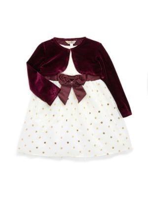 Little Girl's 2-Piece Polka Dot Dress & Velvet Bolero Set商品第1张图片规格展示