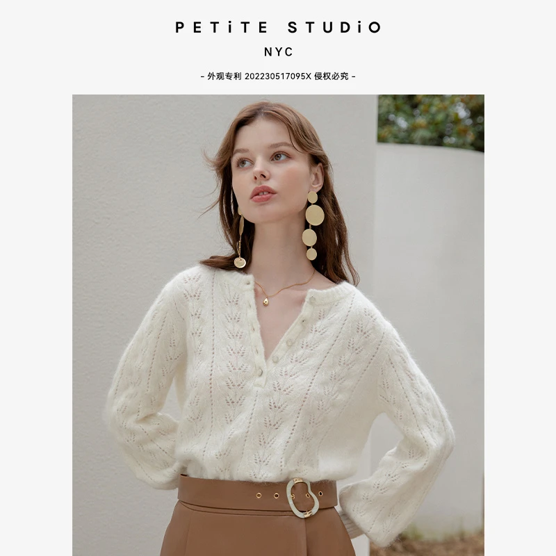 商品[国内直发] Petite Studio NYC|Paisley象牙白V领法式氛围灯笼袖马海毛毛衣 | Paisley Mohair Sweater - Ivory,价格¥1400,第1张图片