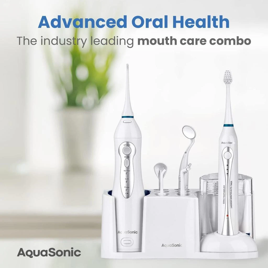 AquaSonic Home Dental Center Rechargeable Power Toothbrush & Smart Water Flosser - Complete Family Oral Care System - 10 Attachments and Tips Included - Various Modes & Timers (White) 商品