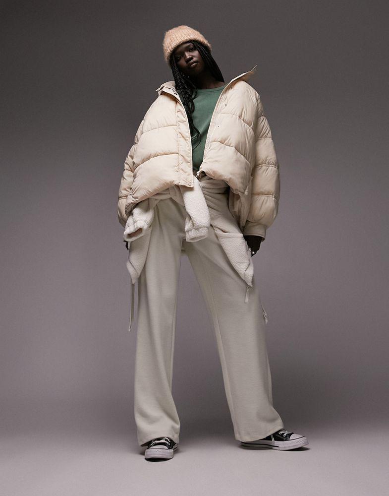 商品Topshop|Topshop mid length swing hem hooded puffer jacket in stone,价格¥468,第1张图片