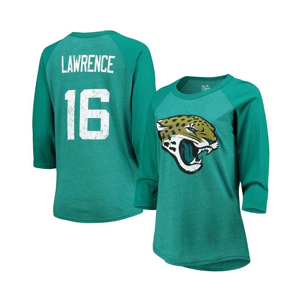 商品Majestic|Women's Trevor Lawrence Teal Jacksonville Jaguars Team Player Name and Number Tri-Blend Raglan 3/4-Sleeve T-shirt,价格¥298,第1张图片