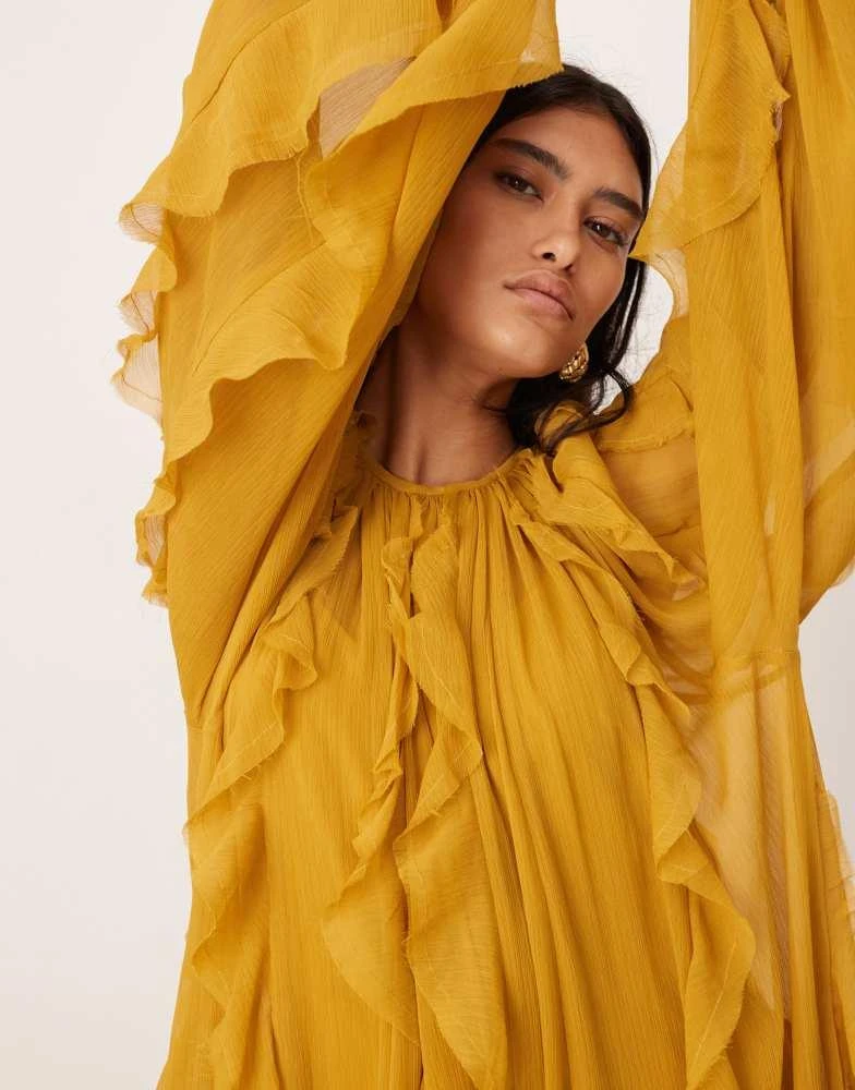 商品ASOS|ASOS EDITION chiffon raw edge ruffle maxi dress with balloon sleeve in mustard,价格¥1025,第3张图片详细描述