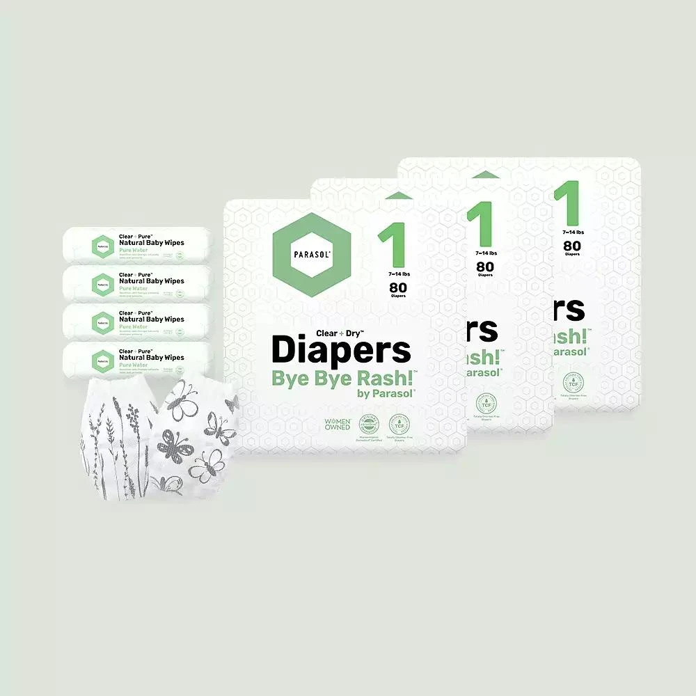 商品Parasol|Kids Clear+Dry Natural Disposable Diapers - Gift Bundle - 3 Giant Diaper Packs and 4 Wipe Packs,价格¥648,第2张图片详细描述