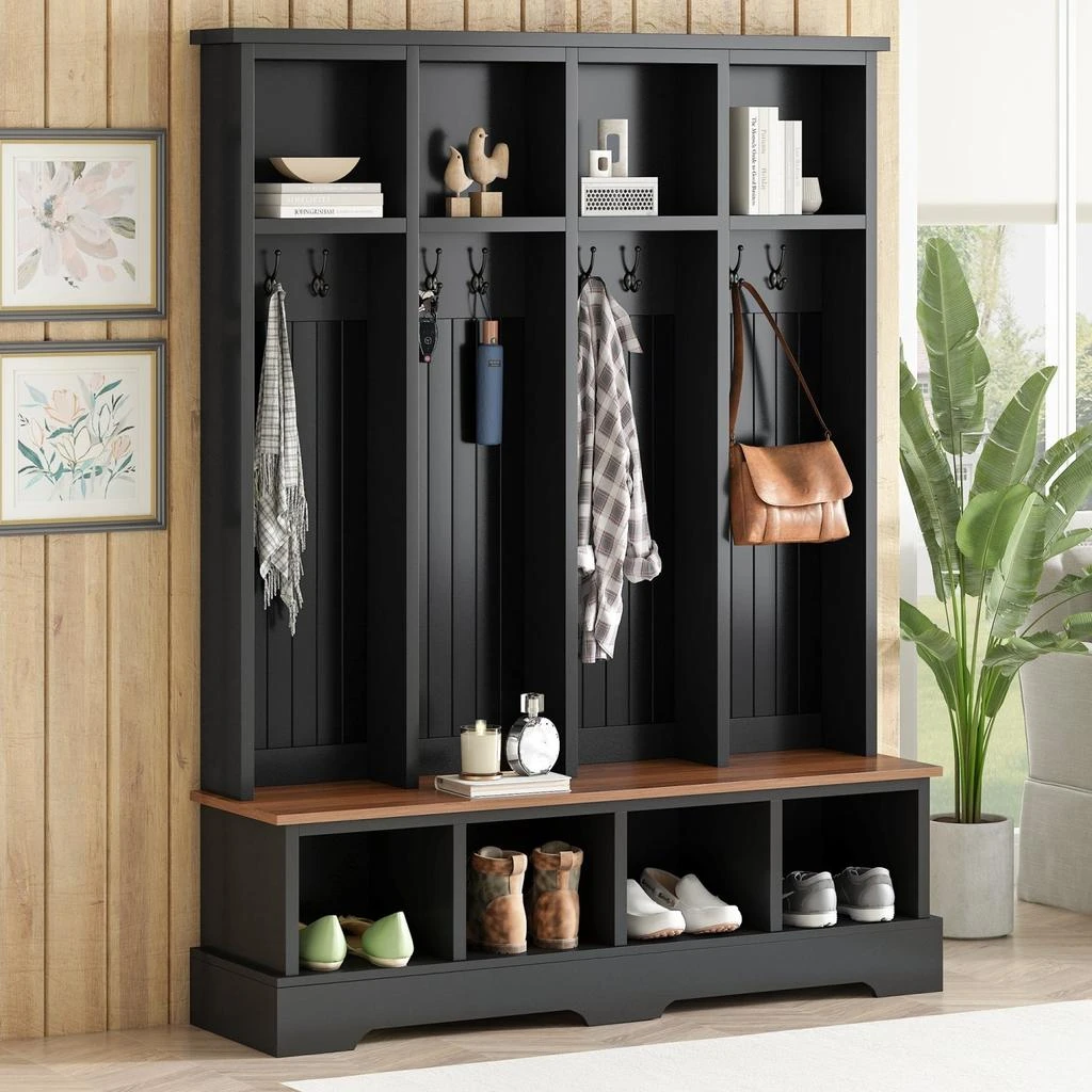 商品Streamdale Furniture|Streamdale Farmhouse Hall Tree with Bench, Coat & Shoe Rack - Black,价格¥3008,第1张图片