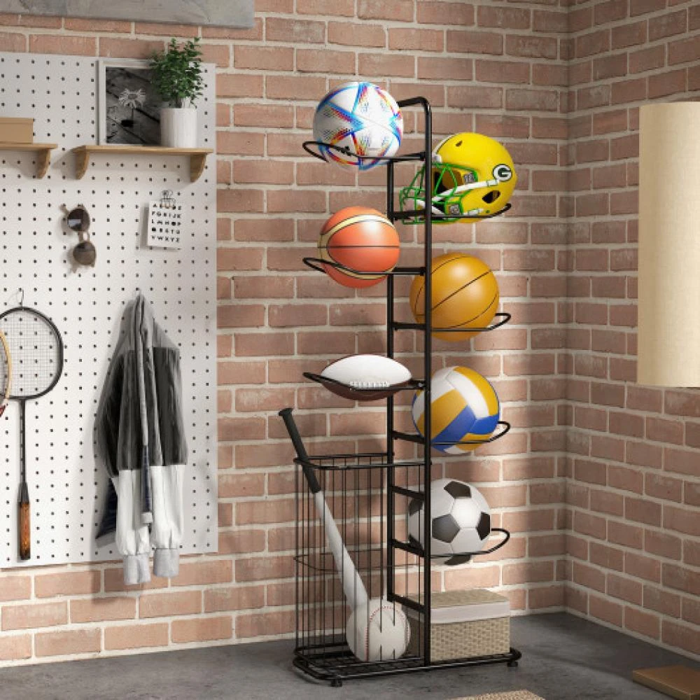 商品Hivvago|Metal Basketball Holder with 7 Removable Hanging Rods and Side Ball Basket,价格¥687,第2张图片详细描述