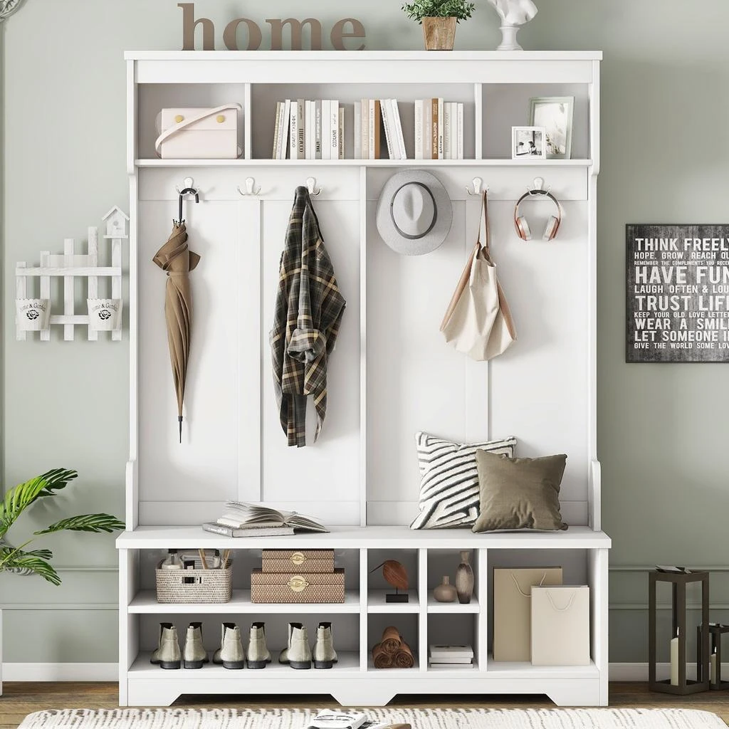 商品Streamdale Furniture|Streamdale Hall Tree Coat Rack Shoe Cubby Storage - White,价格¥2898,第1张图片