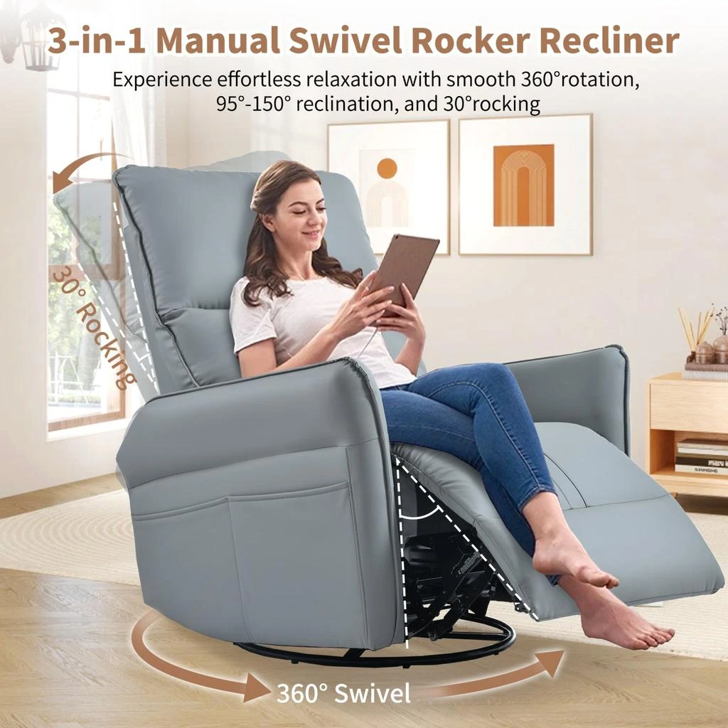 商品Streamdale Furniture|Streamdale Swivel Rocker Recliner Chair, Nursery Glider, Modern Rocking Chair (Blue-Gray),价格¥3523,第5张图片详细描述