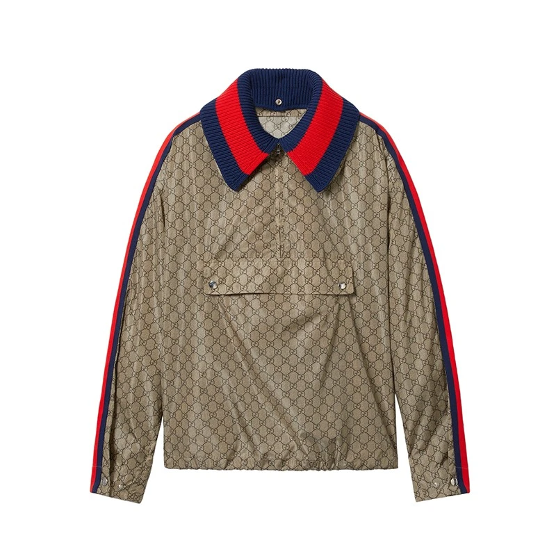 商品Gucci|【预售3-7天】GUCCI/古驰24新款 女士米褐色尼龙GG图蓝红色织带饰面夹克,价格¥20873,第1张图片