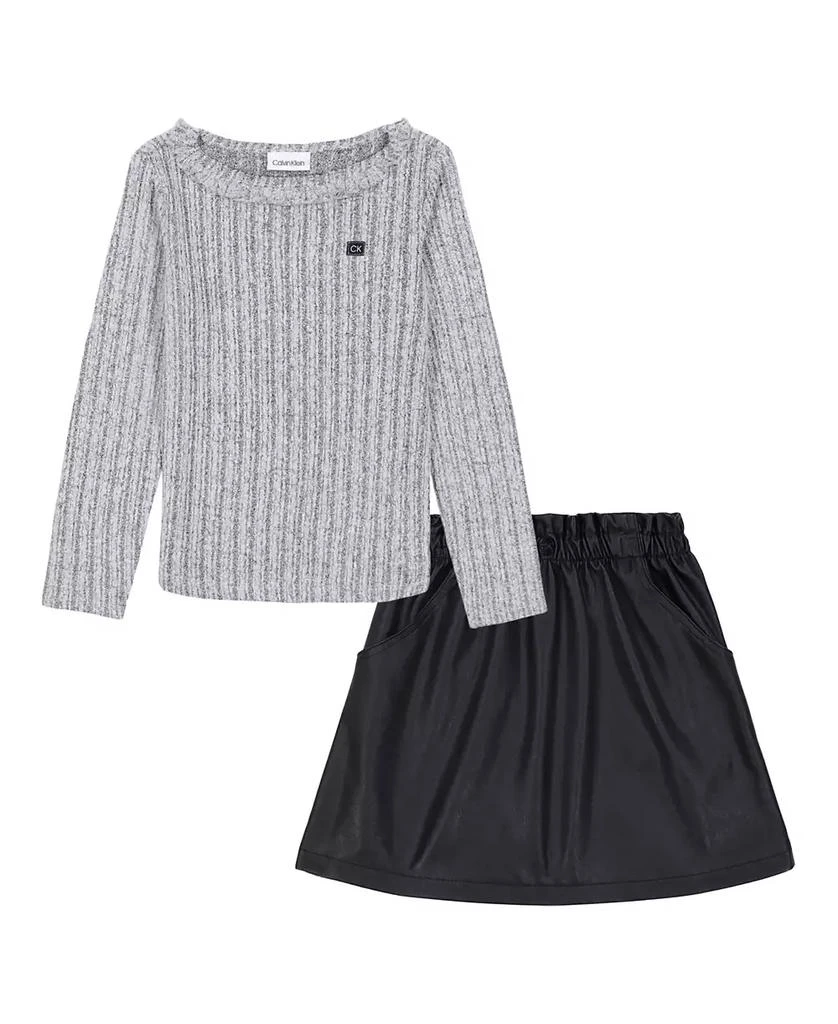 商品Calvin Klein|Toddler and Little Girls Ruffle Collar Ribbed Top Paper-bag Waist Artificial Leather, 2-Piece Skirt,价格¥276,第1张图片