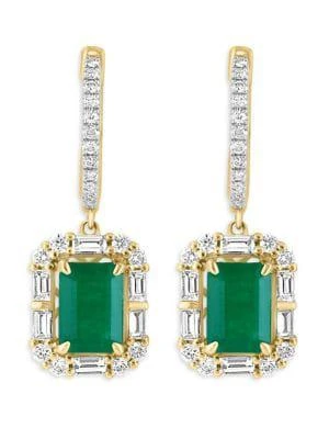 商品Effy|14K Yellow Gold, Emerald & Diamond Drop Earrings,价格¥17864,第2张图片详细描述