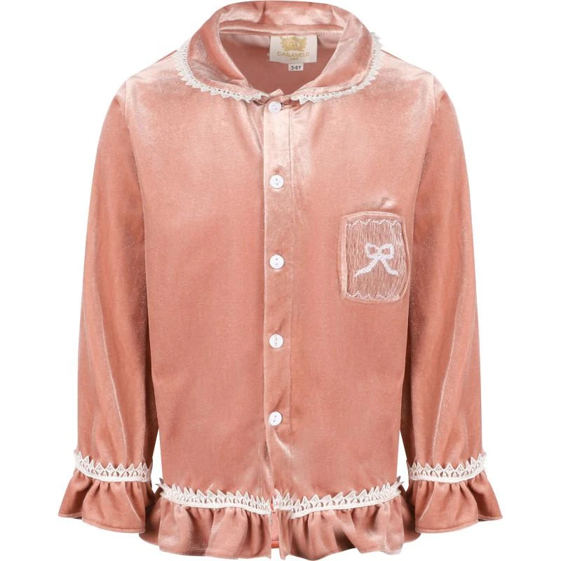 商品Caramelo Kids|Ruffled velvet blouse and trousers set in pink,价格¥782,第2张图片详细描述