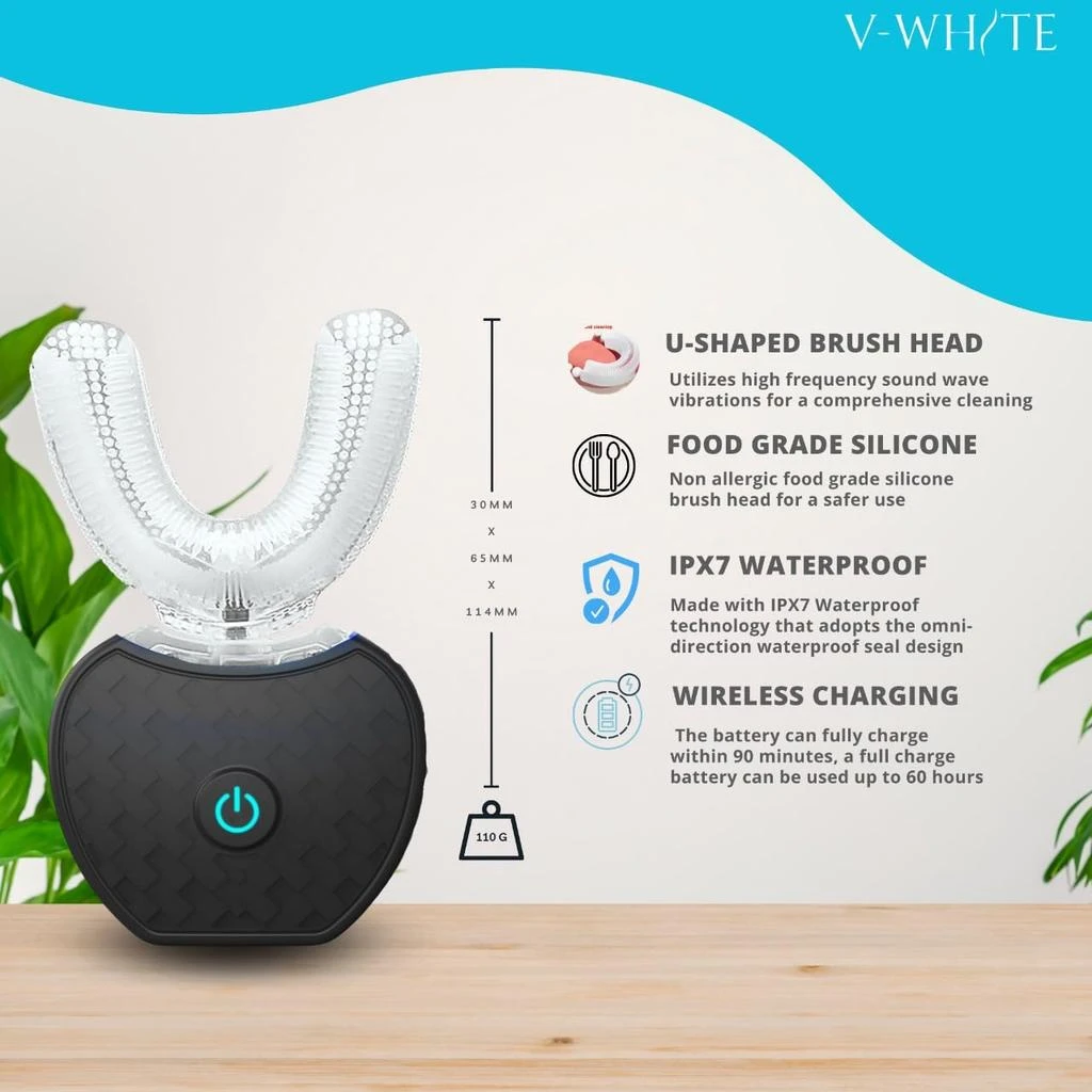 商品V-WHITE|V-WHITE Ultrasonic U-Shaped Toothbrush for Teeth Whitening, Electric Toothbrush For Adults - 360° Mouth Cleansing, Hands Free Gums Protection - Wireless Charging & LED Light -Waterproof IPX7 Certified,价格¥237,第2张图片详细描述