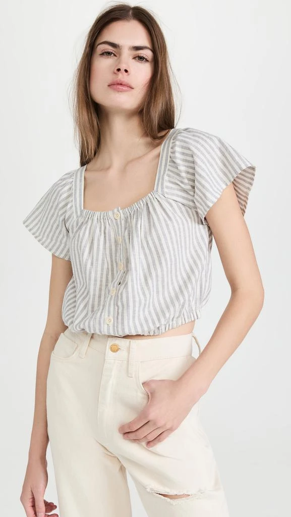 商品Madewell|Madewell 条纹设计荷叶袖前系扣短版上衣,价格¥165,第2张图片详细描述