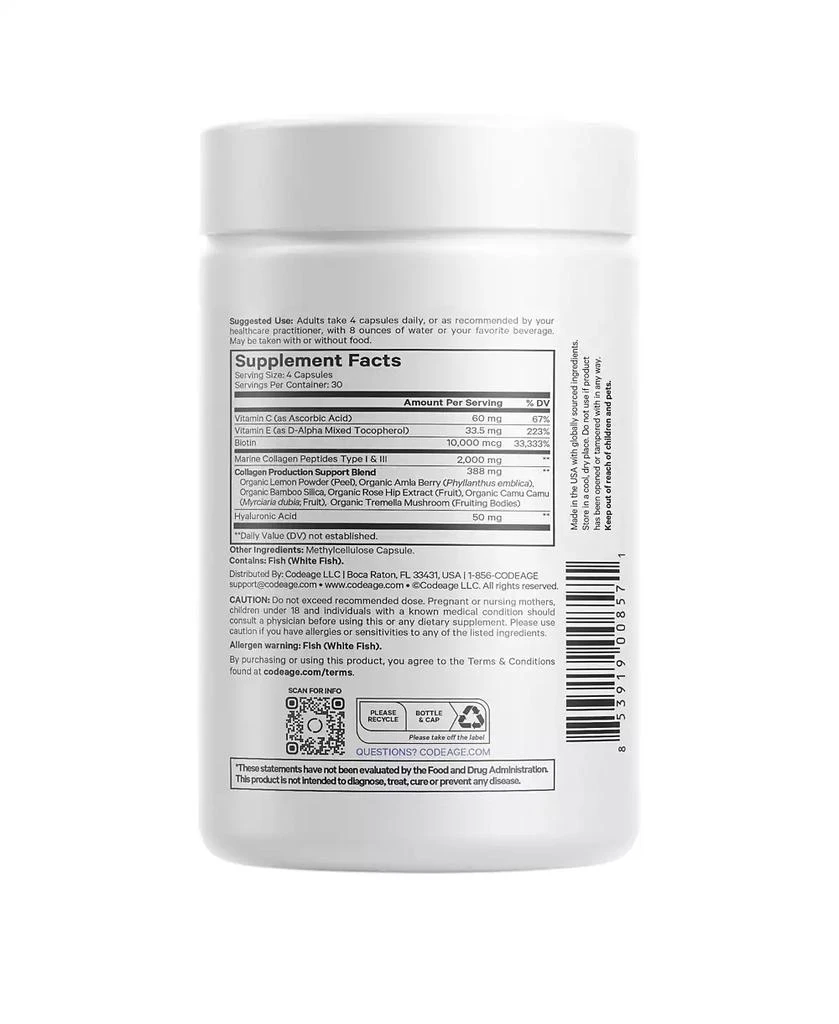 Wild Caught Biotin Marine Collagen Peptides Capsules, Vitamin C, E & Hyaluronic Acid - 120ct 商品
