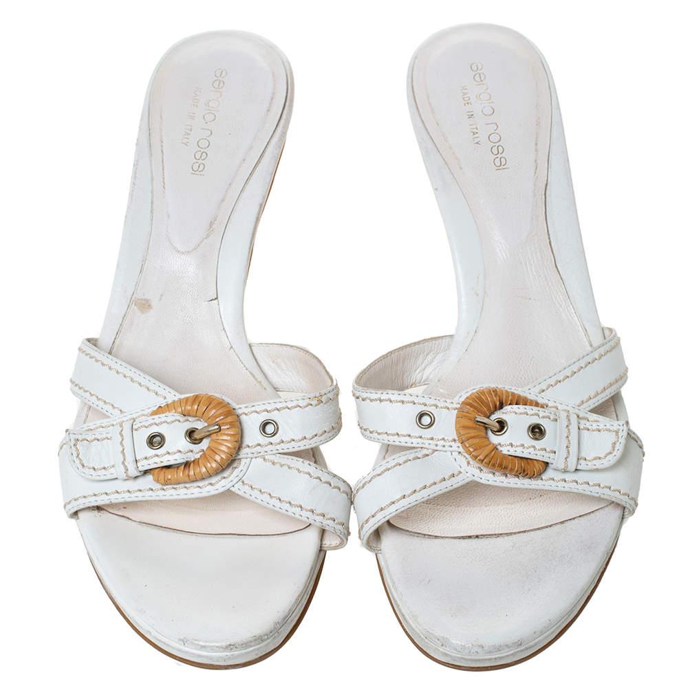 Sergio Rossi White Leather Buckle Detail Platform Slide Sandals Size 39.5商品第3张图片规格展示