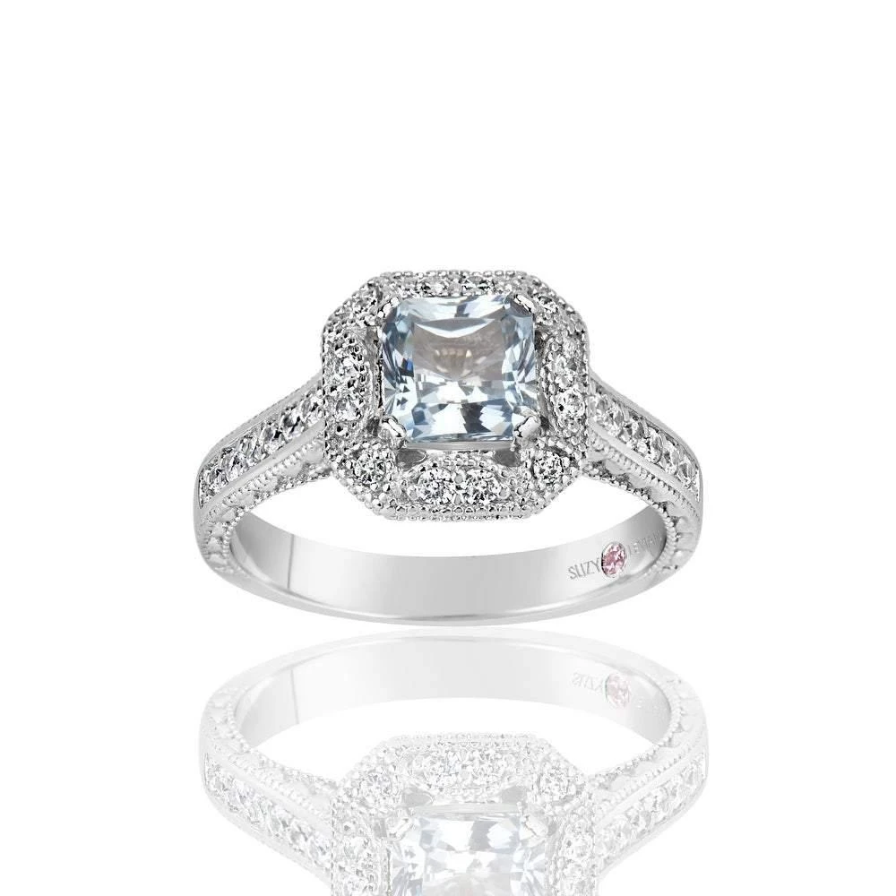 商品Suzy Levian|Suzy Levian Sterling Silver Assher Cut Cubic Zirconia Aquamarine Engagement Ring,价格¥615,第1张图片