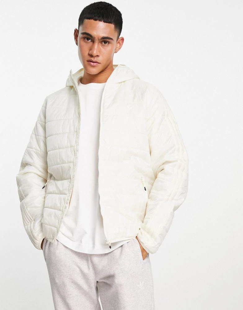 商品Adidas|adidas Originals Adicolor 3 stripe hooded puffer jacket in off white,价格¥521,第1张图片