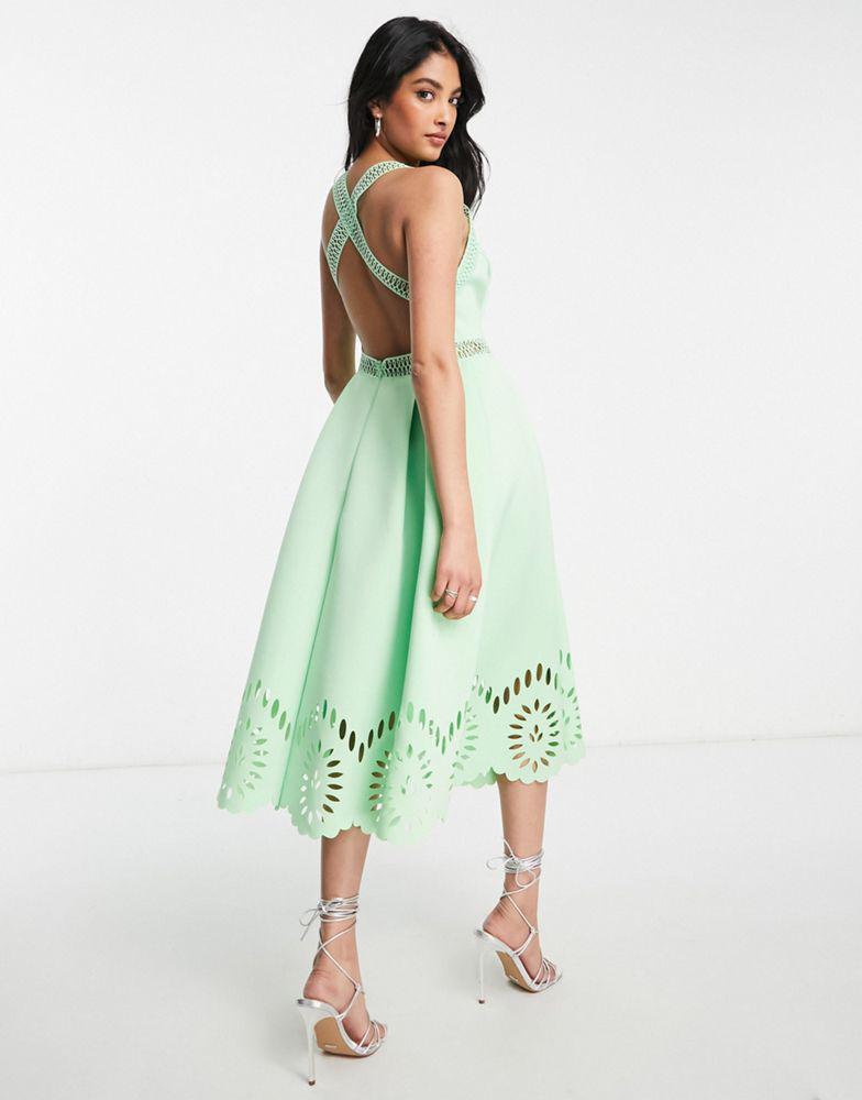 商品ASOS|ASOS DESIGN cut work midi dress with scallop hem in green ash,价格¥531,第4张图片详细描述