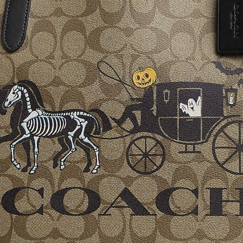 商品[国内直发] Coach|蔻驰 City 33 经典老花万圣节马标识印花按扣 帆布配皮 托特包Tote购物袋手提包 大号 女款 黑铜色/卡其黑多色,价格¥1862,第5张图片详细描述
