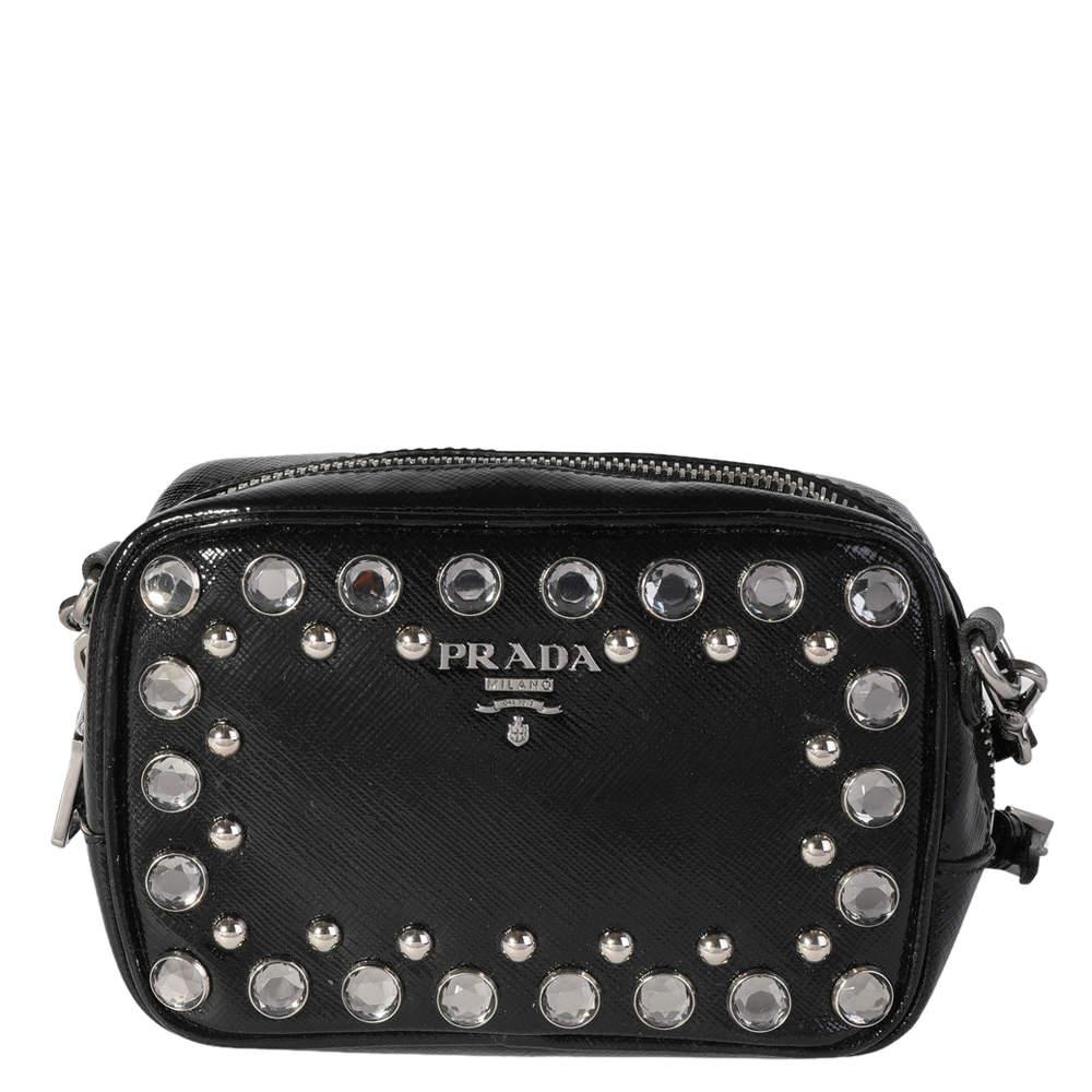 Prada Black Crystal-Embellished Patent Saffiano Leather Mini Camera Bag商品第1张图片规格展示
