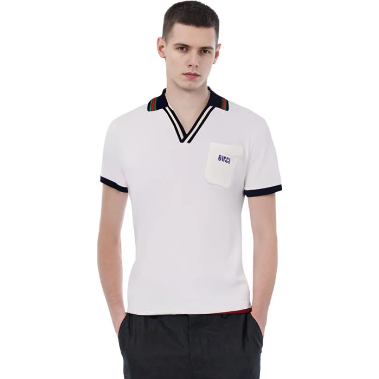 商品[国内直发] Gucci|/古驰 SS23 条纹饰边V领短袖Polo衫 男款 白色,价格¥3973,第4张图片详细描述