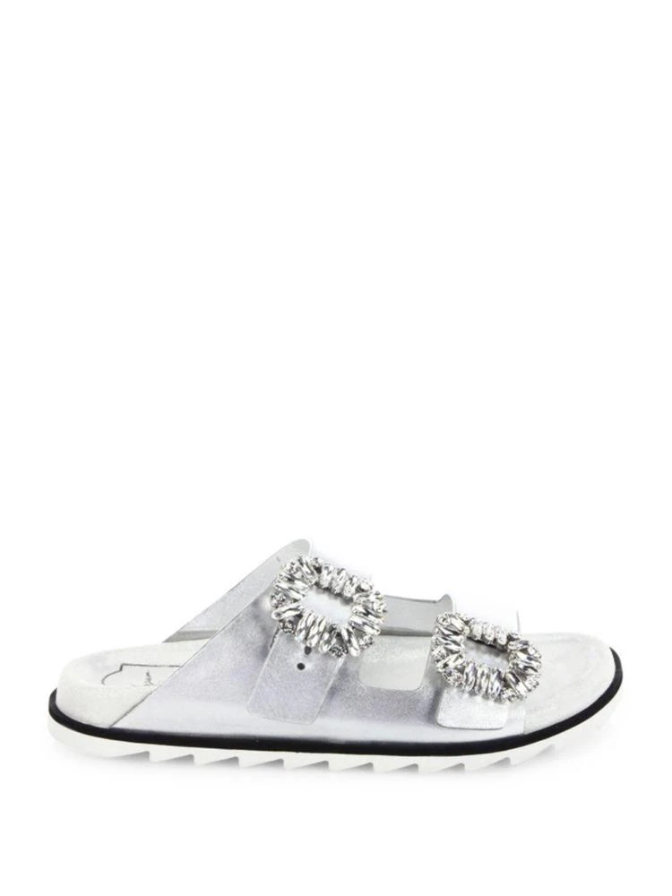 商品Roger Vivier|Roger Vivier - Slidy Viv Crystal Buckle Metallic Leather Slides,价格¥9386,第5张图片详细描述