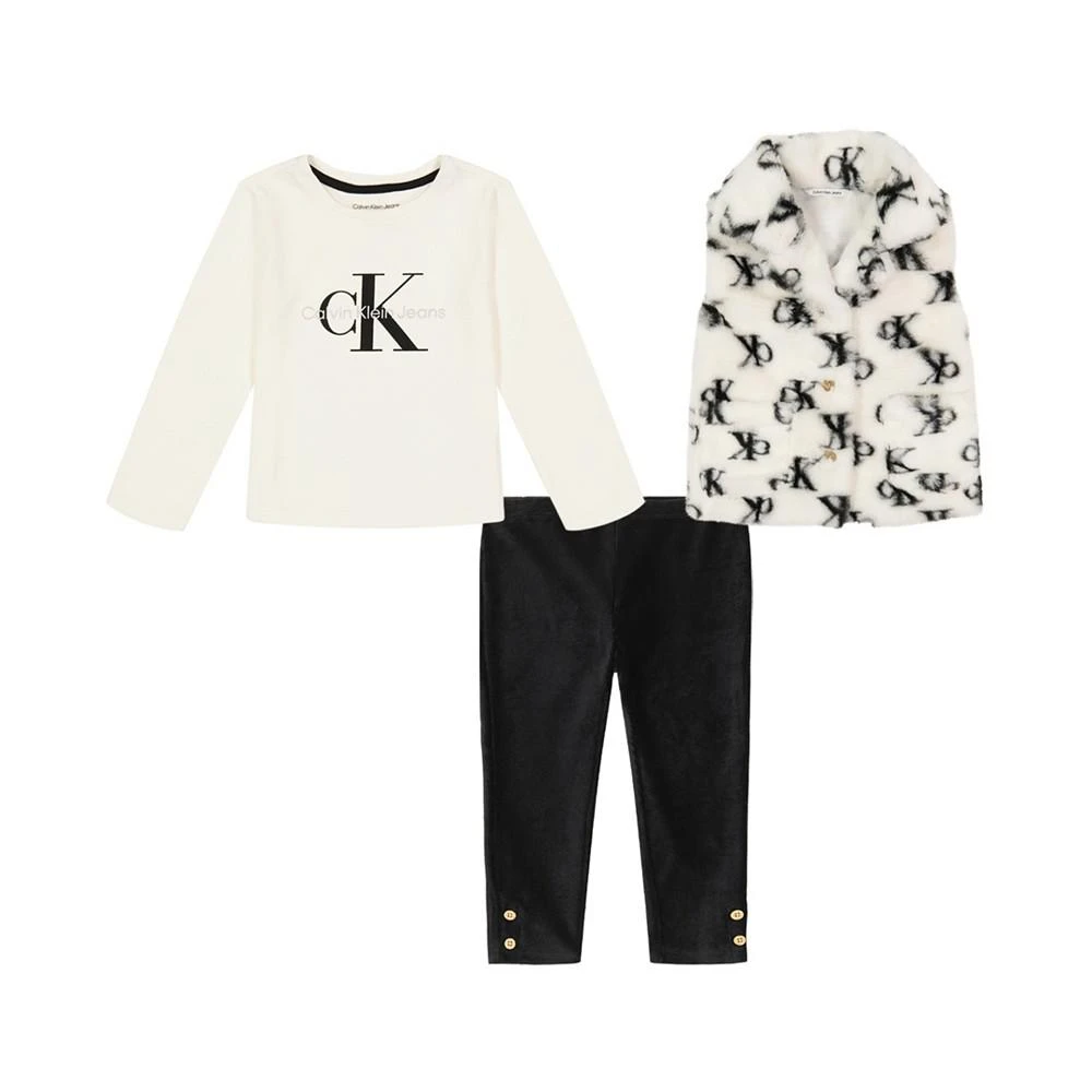 商品Calvin Klein|Little Girls Monogram Print Faux Fur Vest with Logo T-shirt and Velour Leggings, 3 Piece Set,价格¥134,第1张图片